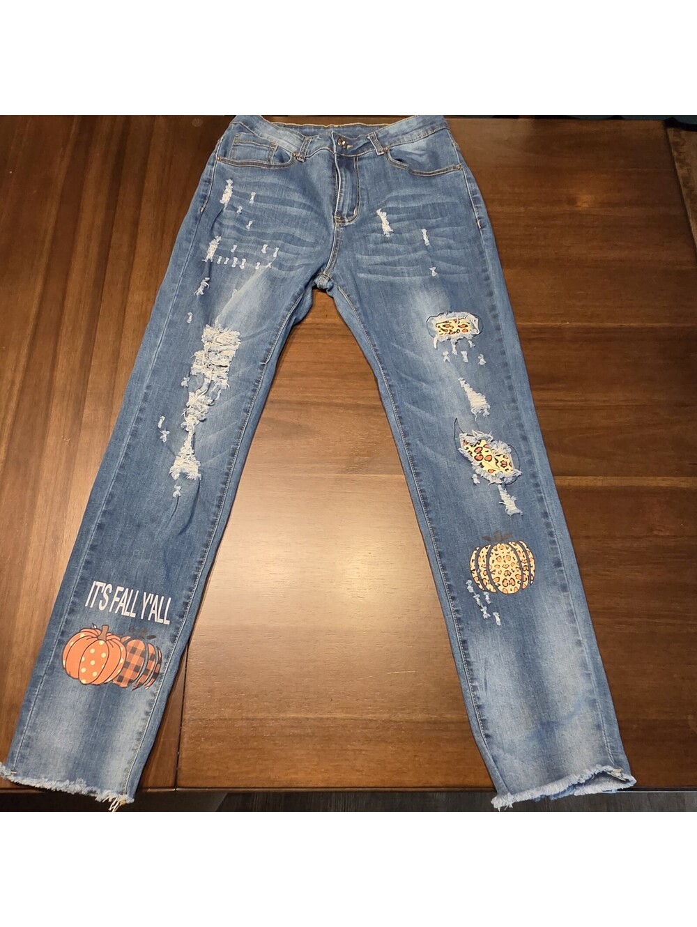 Miste Wang Graphic Pumpkin Distressed Patchwork Jeans Raw Hem "It’s Fall Y'all"
